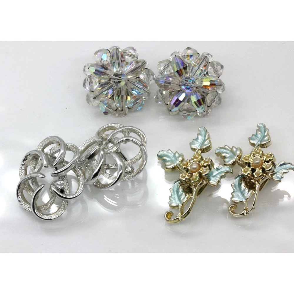 LOT OF 3 vintage clip on bling earrings, designer signed, AB crystal, enamel EUC